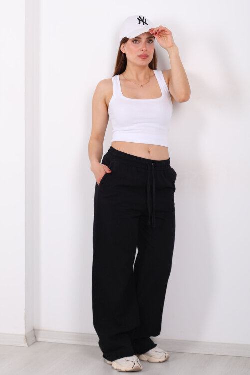 Paçası Püsküllü Beli Bağlamalı Kadın Siyah Keten Pantolon - 3