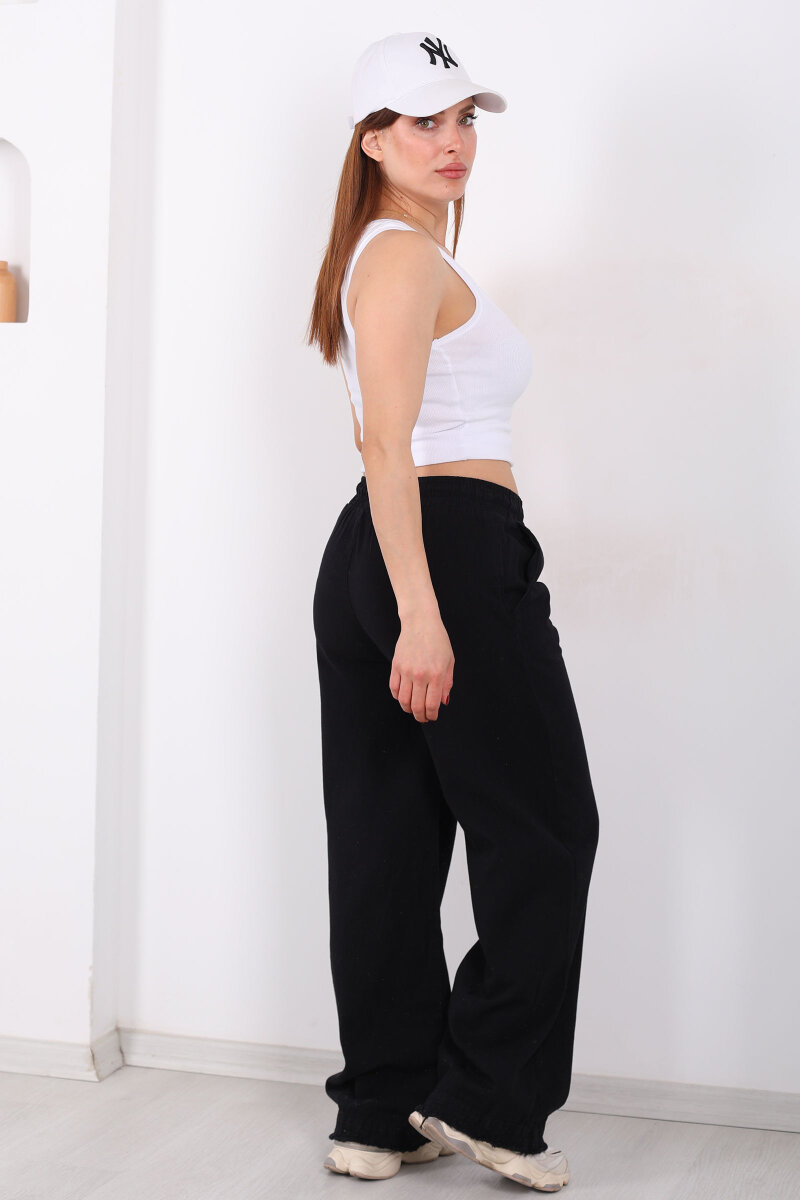 Paçası Püsküllü Beli Bağlamalı Kadın Siyah Keten Pantolon - 5