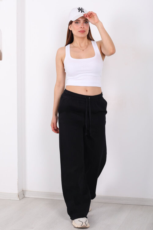 Paçası Püsküllü Beli Bağlamalı Kadın Siyah Keten Pantolon - Berox