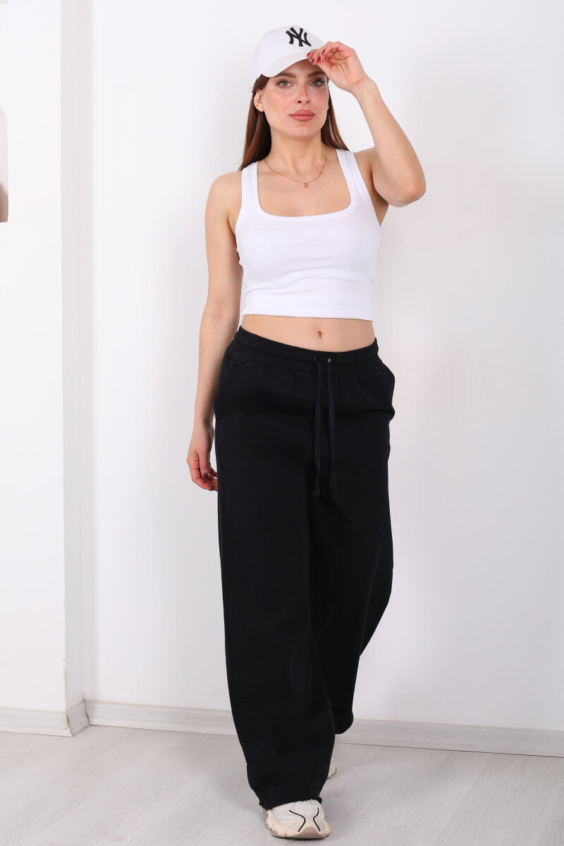 Paçası Püsküllü Beli Bağlamalı Kadın Siyah Keten Pantolon - 1