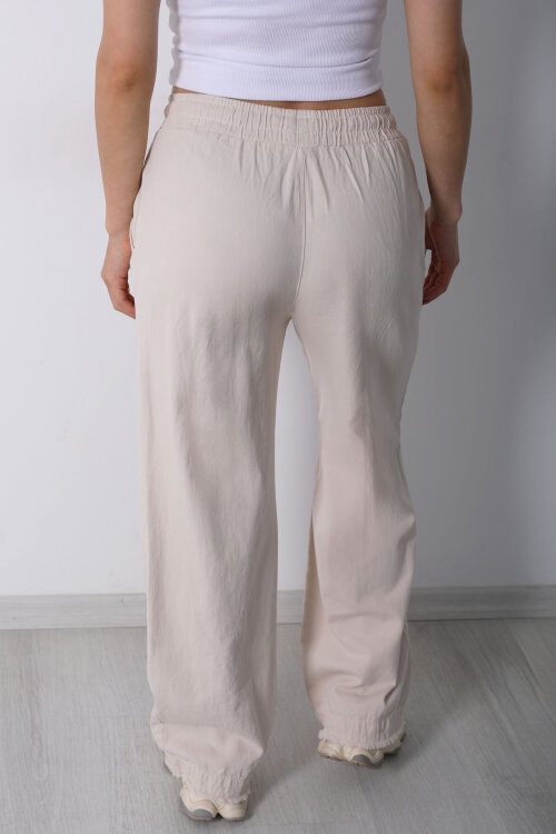 Paçası Püsküllü Beli Bağlamalı Kadın Taş Rengi Keten Pantolon - 5