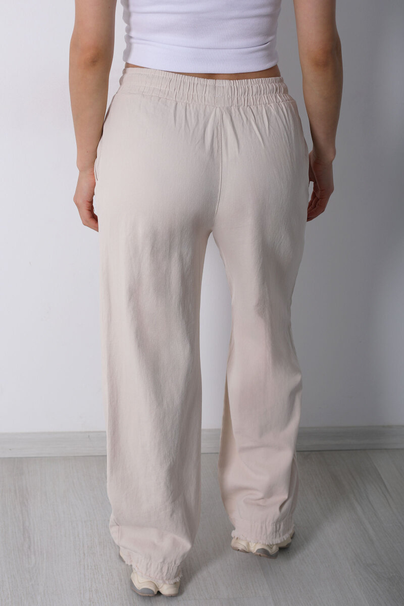 Paçası Püsküllü Beli Bağlamalı Kadın Taş Rengi Keten Pantolon - 5