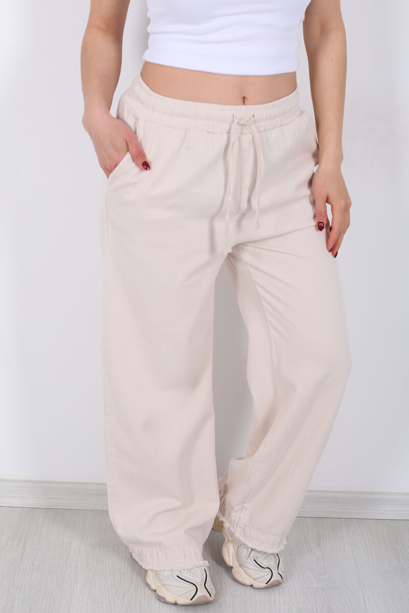 Paçası Püsküllü Beli Bağlamalı Kadın Taş Rengi Keten Pantolon - 2