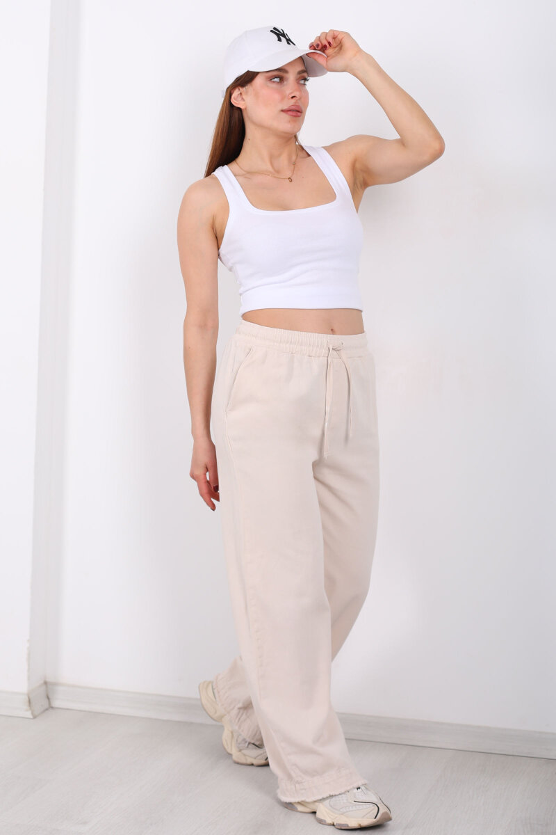 Paçası Püsküllü Beli Bağlamalı Kadın Taş Rengi Keten Pantolon - 4