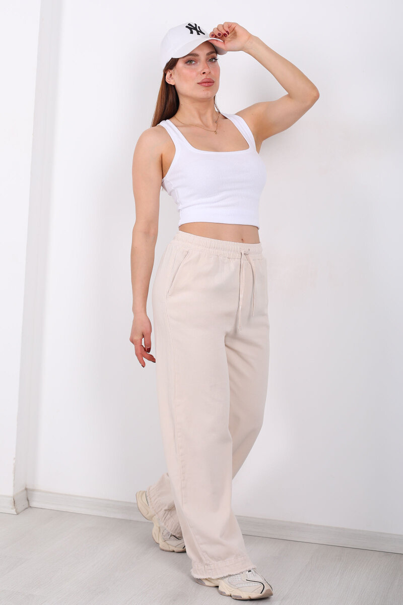 Paçası Püsküllü Beli Bağlamalı Kadın Taş Rengi Keten Pantolon - 1