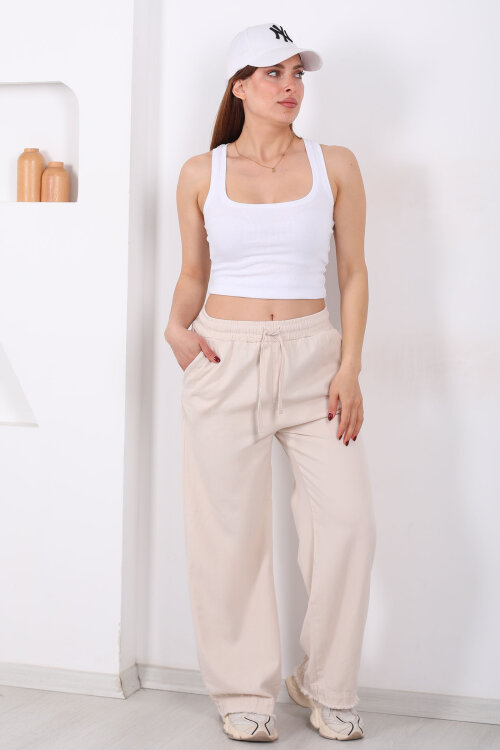 Paçası Püsküllü Beli Bağlamalı Kadın Taş Rengi Keten Pantolon - 6