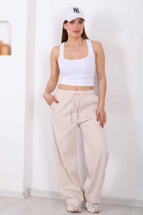 Paçası Püsküllü Beli Bağlamalı Kadın Taş Rengi Keten Pantolon - 3