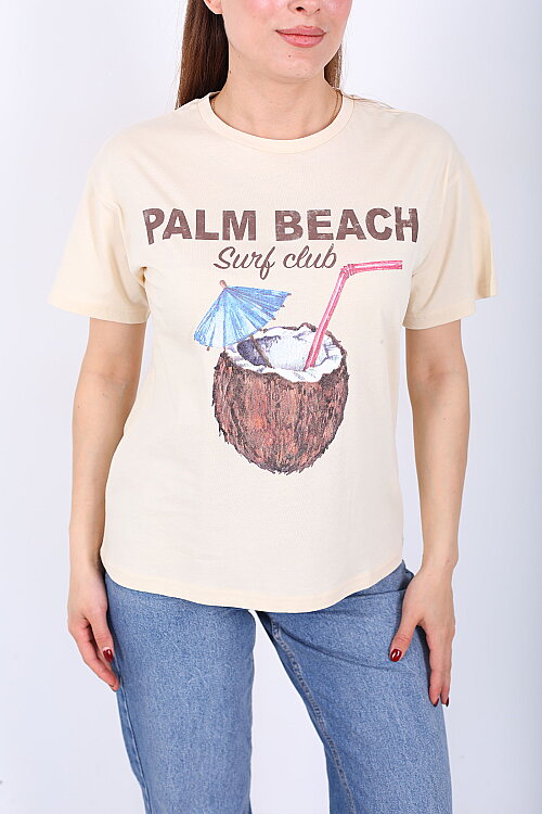 Palm Beach Yazılı Kadın Krem T-Shirt - Berox (1)