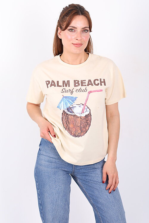 Palm Beach Yazılı Kadın Krem T-Shirt - Berox