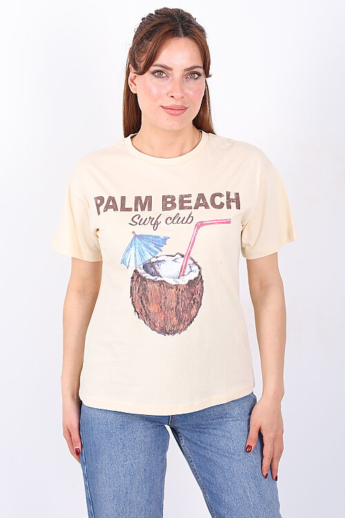 Palm Beach Yazılı Kadın Krem T-Shirt - 4