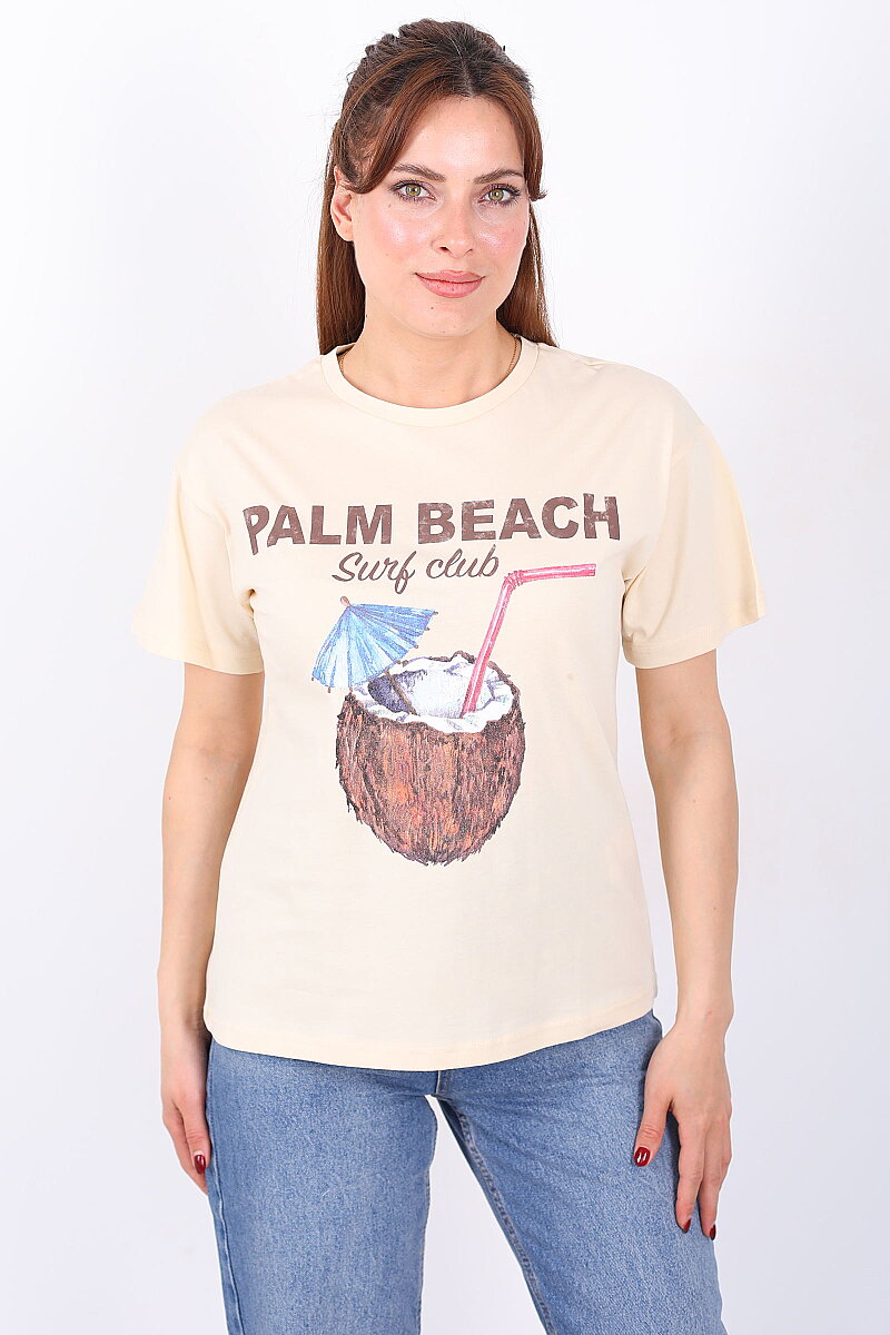 Palm Beach Yazılı Kadın Krem T-Shirt - 4