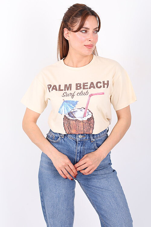 Palm Beach Yazılı Kadın Krem T-Shirt - 3