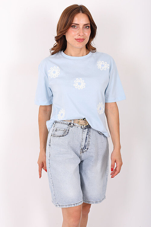 Papatya Nakışlı Bisiklet Yaka Bebe Mavi Kadın T-Shirt - 3