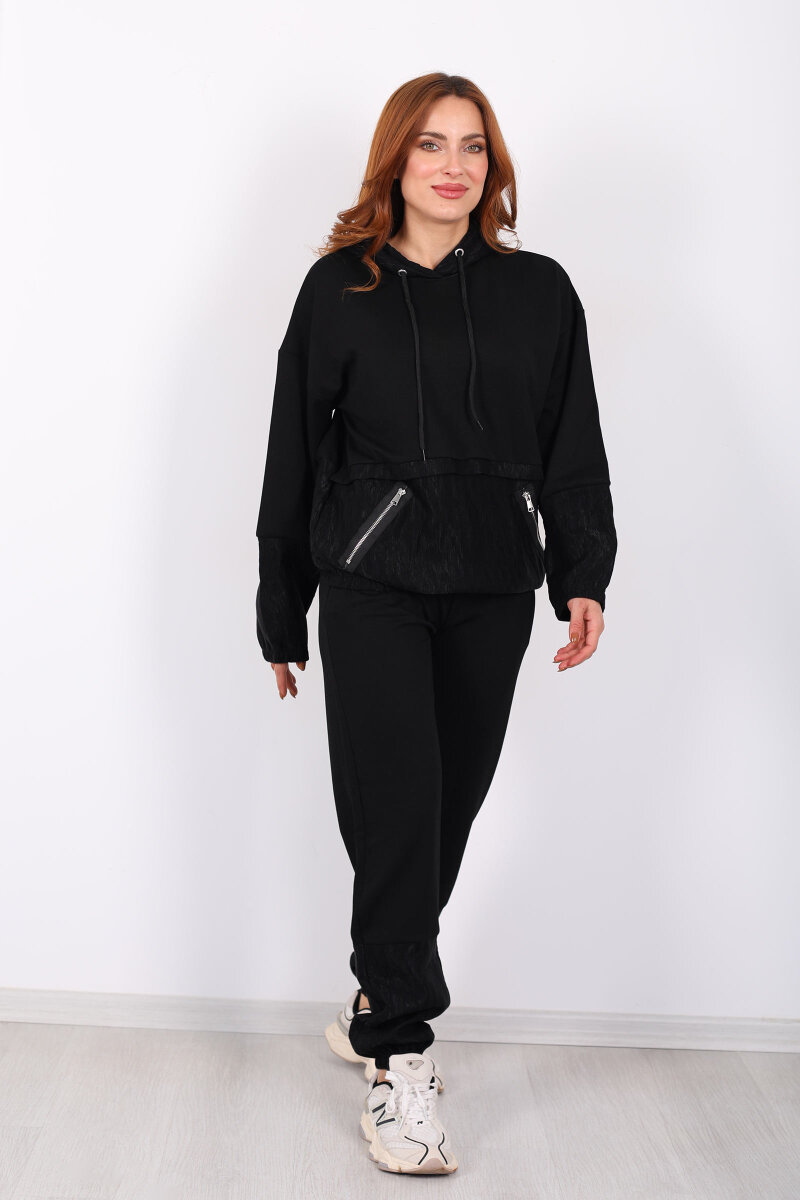 Paraşüt Garnili Kadın Siyah Eşofman Takımı - 7