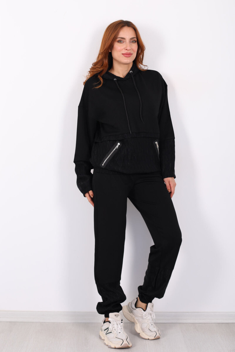 Paraşüt Garnili Kadın Siyah Eşofman Takımı - 5