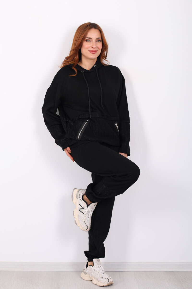 Paraşüt Garnili Kadın Siyah Eşofman Takımı - 3