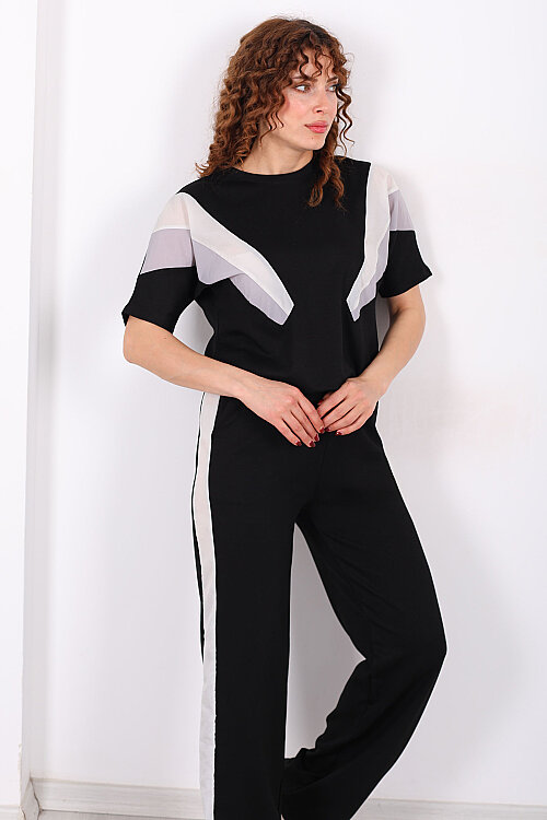 Paraşüt Garnili Siyah Kadın Stoperli Takım - Berox