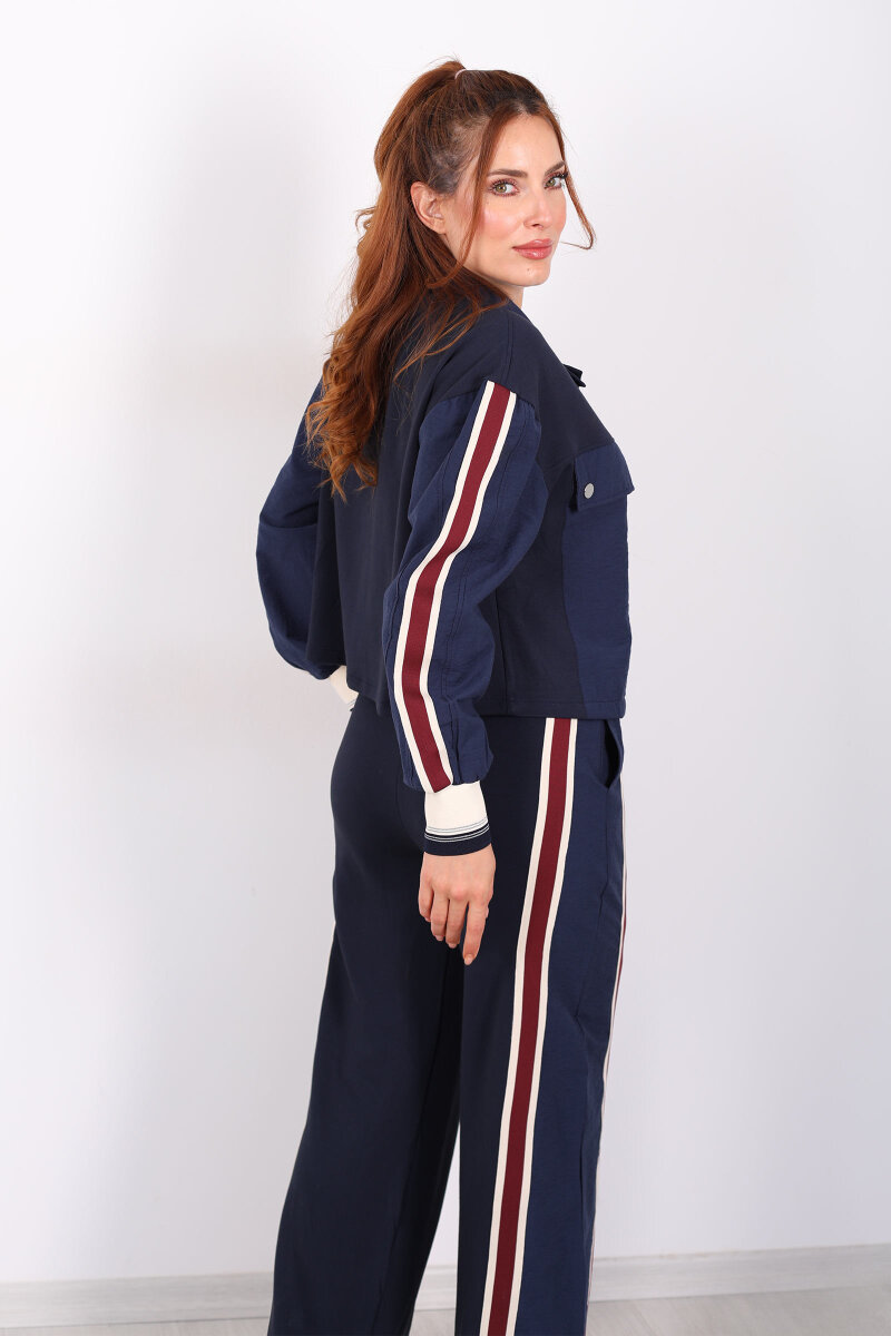 Paraşüt Kumaş Detaylı Lacivert Kadın Ribana Şeritli Takım - 5