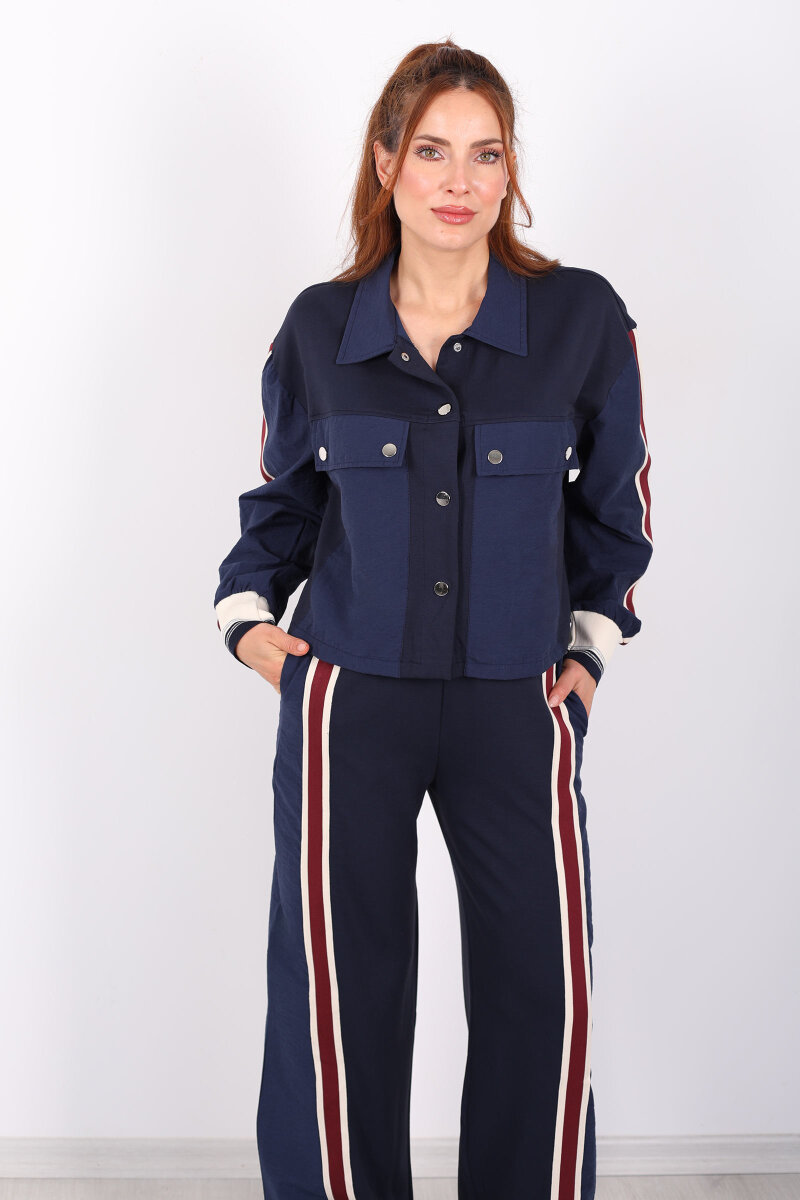 Paraşüt Kumaş Detaylı Lacivert Kadın Ribana Şeritli Takım - 6