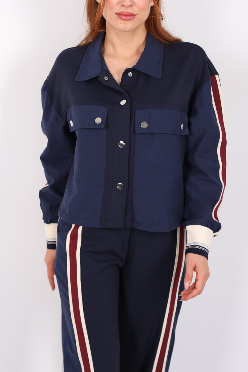 Paraşüt Kumaş Detaylı Lacivert Kadın Ribana Şeritli Takım - 2