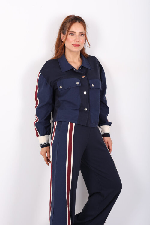 Paraşüt Kumaş Detaylı Lacivert Kadın Ribana Şeritli Takım - 3