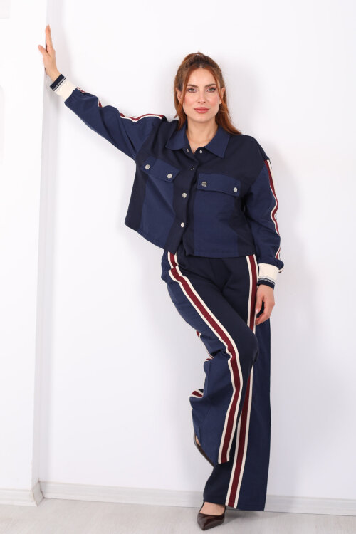 Paraşüt Kumaş Detaylı Lacivert Kadın Ribana Şeritli Takım - Berox