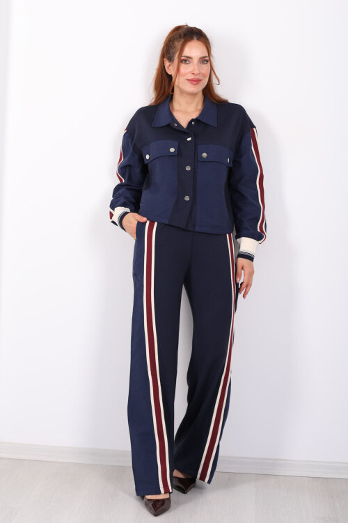 Paraşüt Kumaş Detaylı Lacivert Kadın Ribana Şeritli Takım - 4