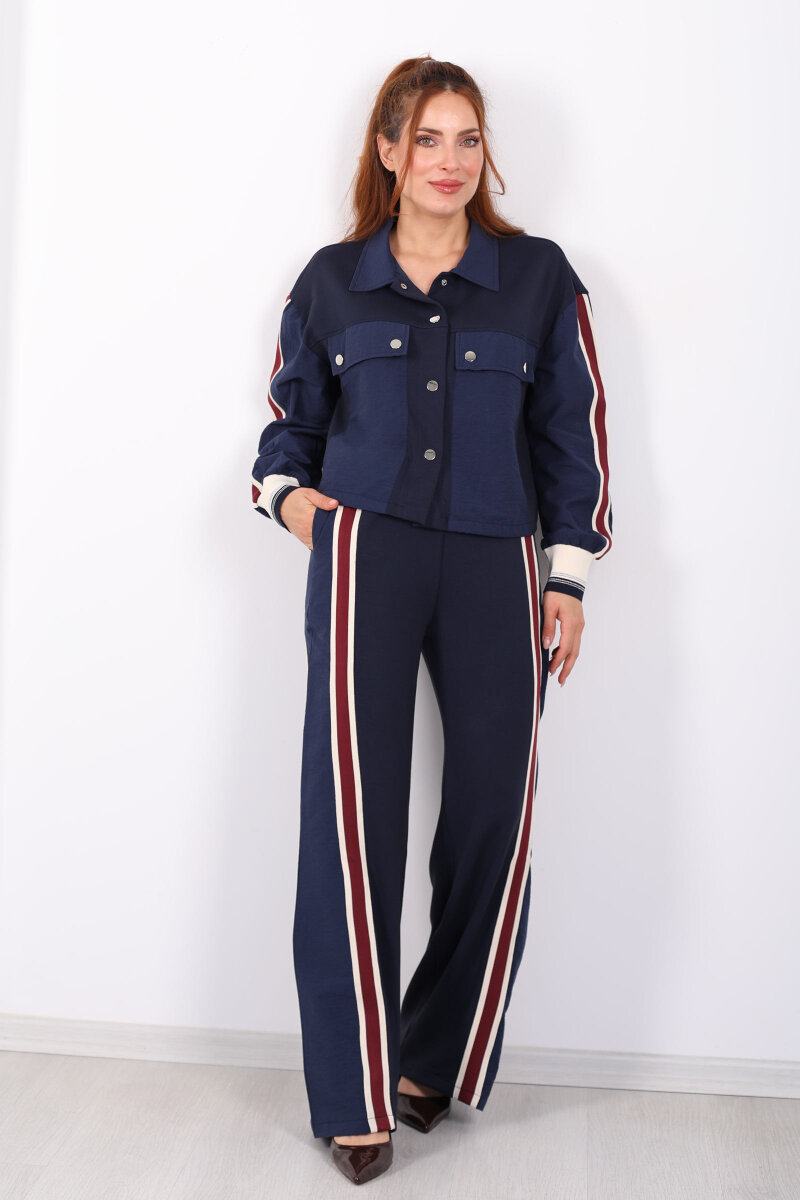 Paraşüt Kumaş Detaylı Lacivert Kadın Ribana Şeritli Takım - 4