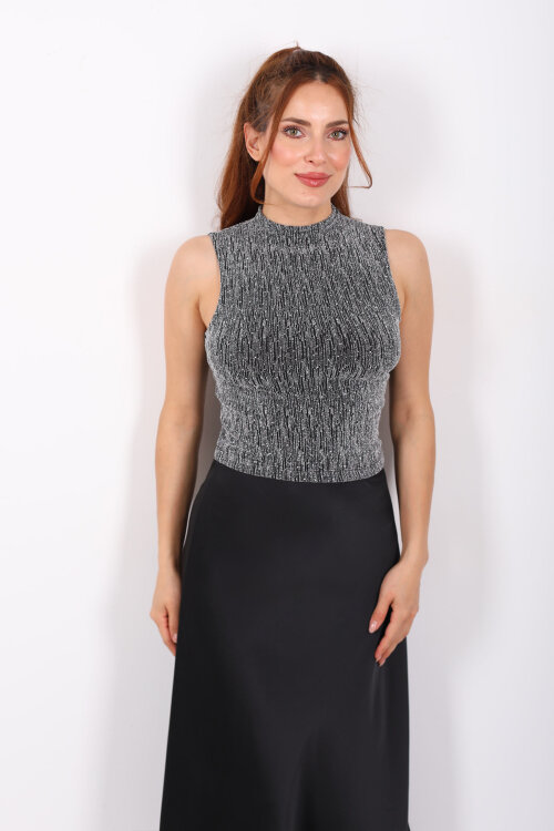 Parıltılı Kolsuz Gümüş Kadın Bluz - 6