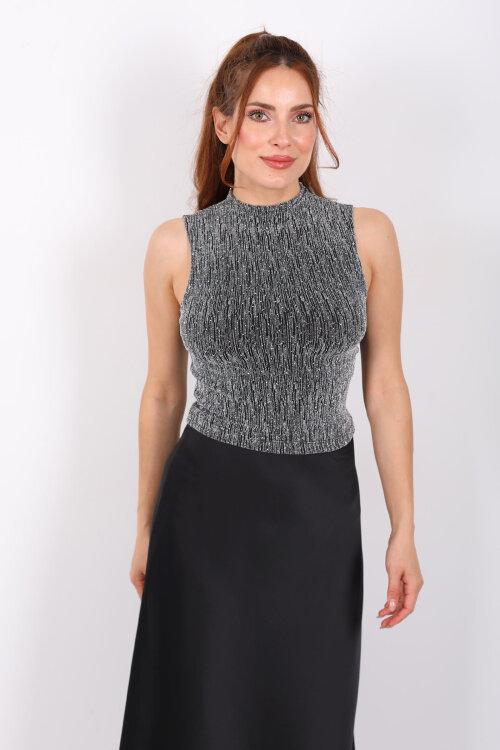 Parıltılı Kolsuz Gümüş Kadın Bluz - 4