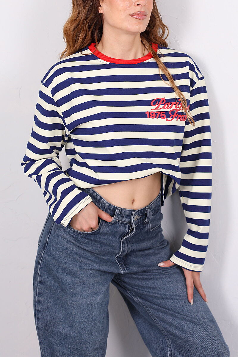 Paris Baskılı Çizgili Oversize Kadın Lacivert Sweatshirt - 2