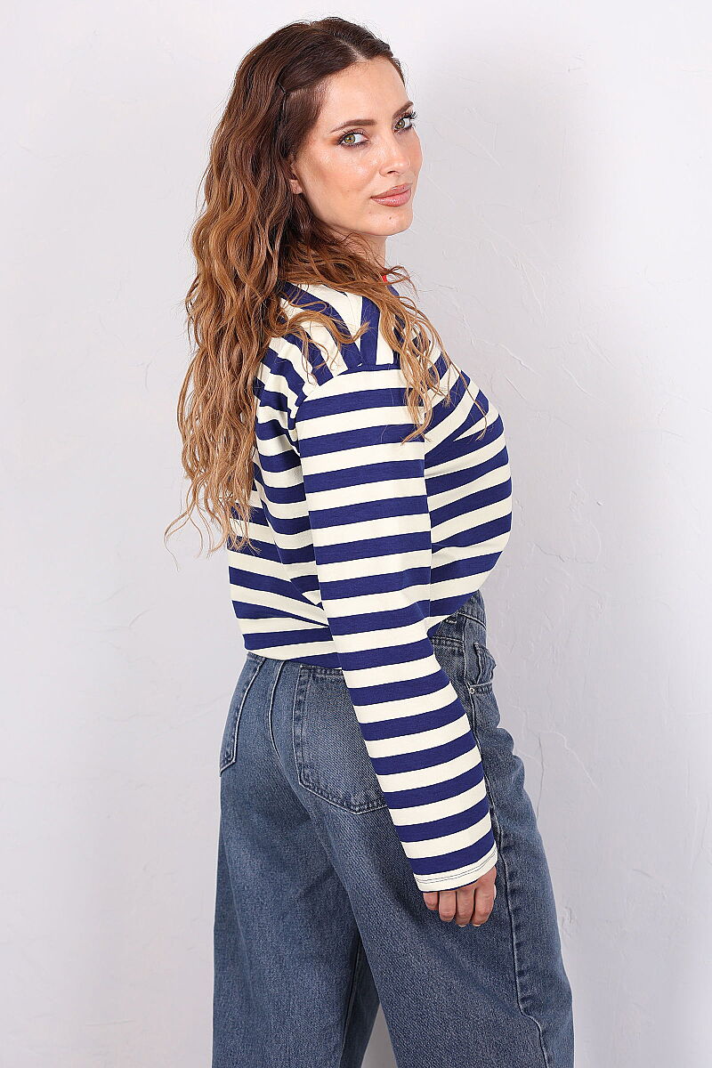 Paris Baskılı Çizgili Oversize Kadın Lacivert Sweatshirt - 5