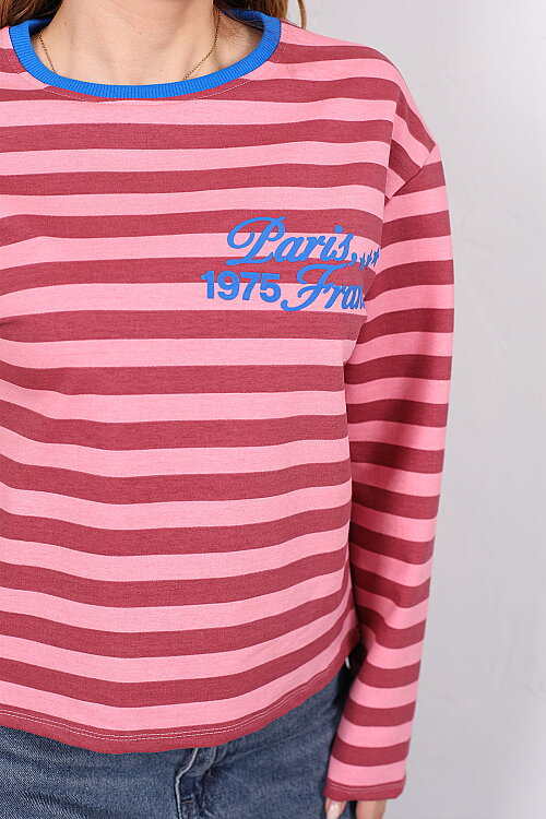 Paris Baskılı Çizgili Oversize Kadın Pembe Sweatshirt - Berox (1)