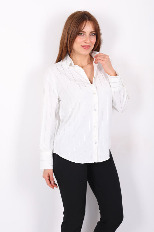 Parlak Çizgili Kadın Ekru Saten Gömlek - 3