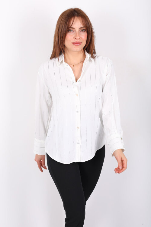 Parlak Çizgili Kadın Ekru Saten Gömlek - 5