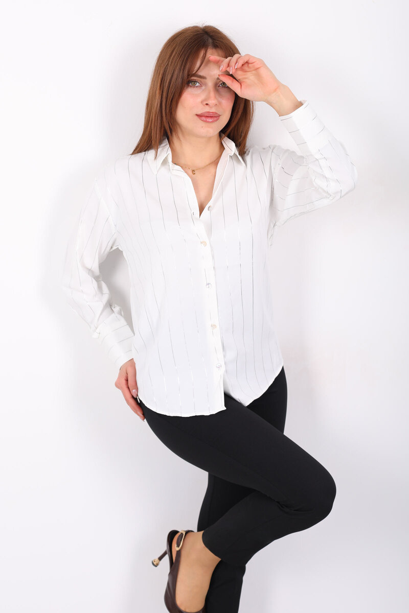 Parlak Çizgili Kadın Ekru Saten Gömlek - 1