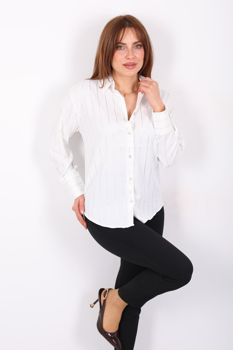 Parlak Çizgili Kadın Ekru Saten Gömlek - 4