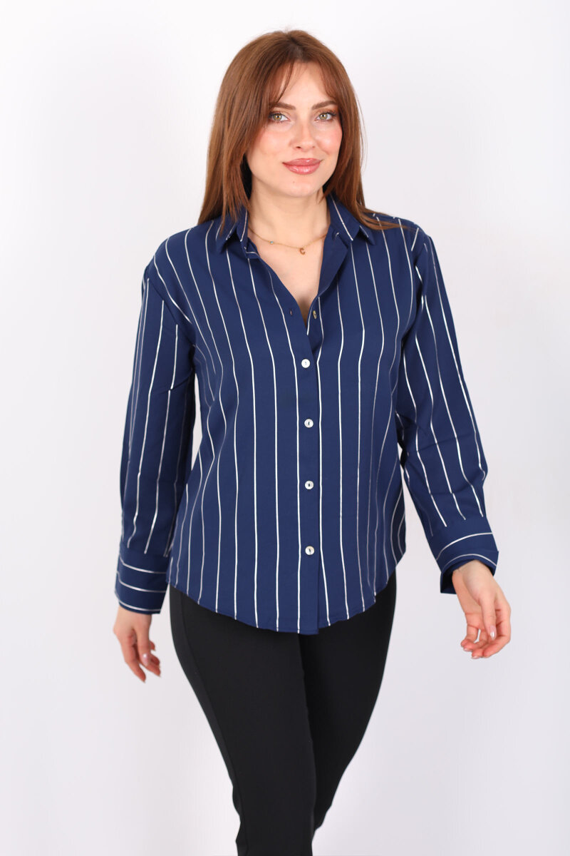 Parlak Çizgili Kadın Lacivert Saten Gömlek - 6