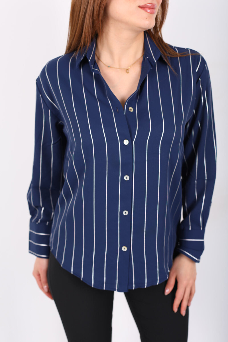 Parlak Çizgili Kadın Lacivert Saten Gömlek - 2