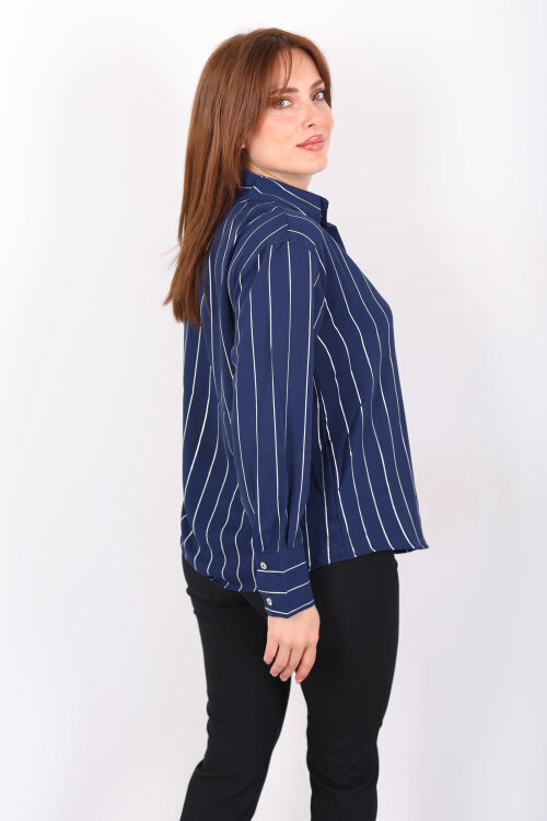 Parlak Çizgili Kadın Lacivert Saten Gömlek - 5