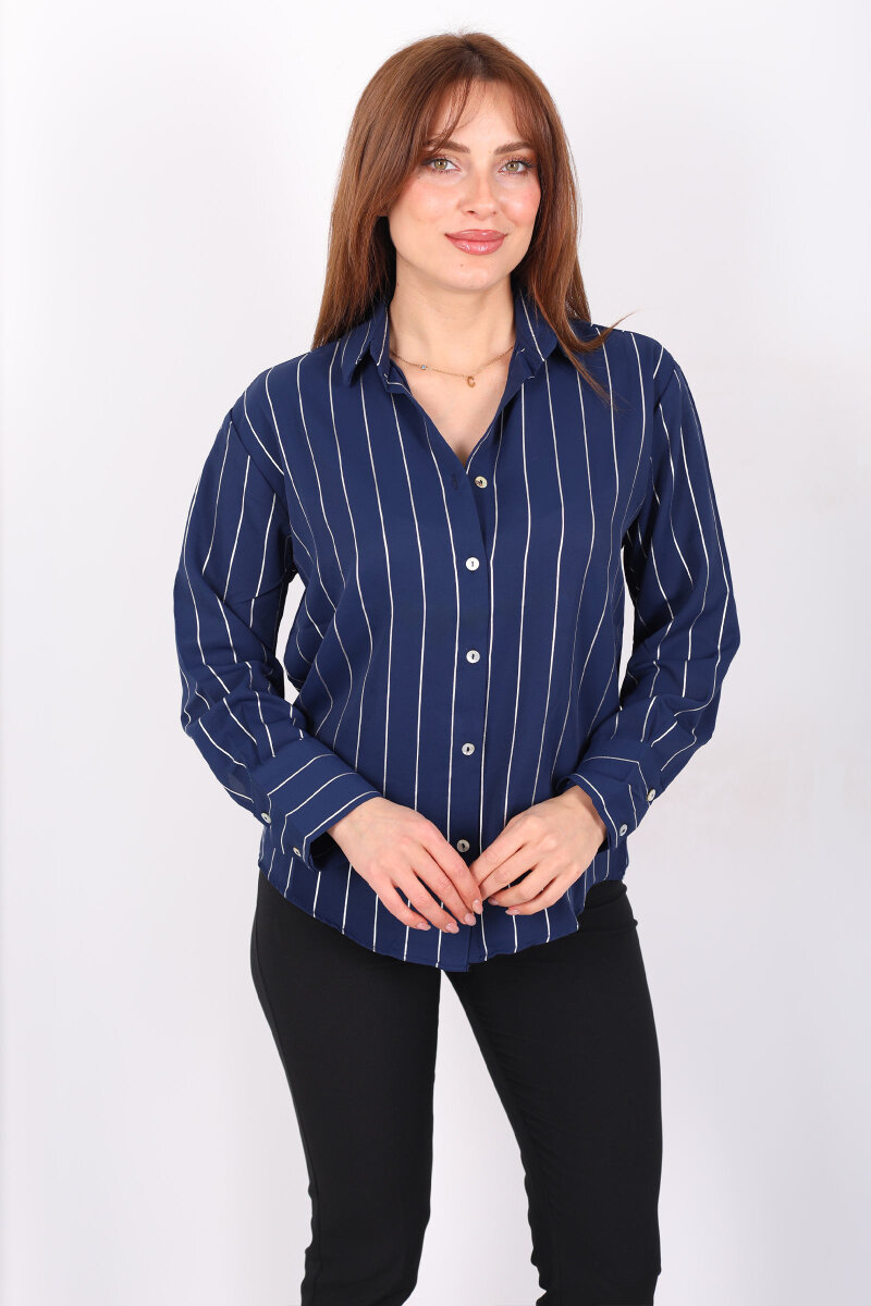Parlak Çizgili Kadın Lacivert Saten Gömlek - 3