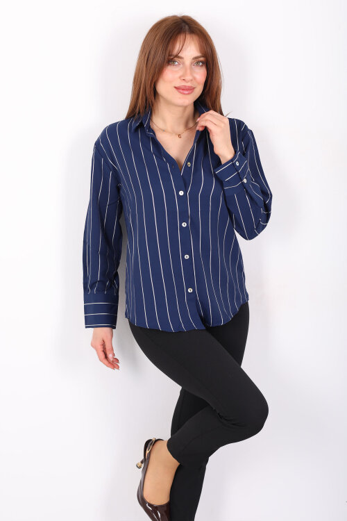 Parlak Çizgili Kadın Lacivert Saten Gömlek - Berox