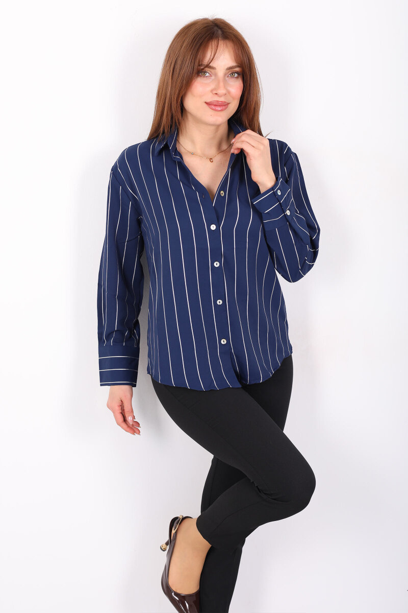 Parlak Çizgili Kadın Lacivert Saten Gömlek - 1