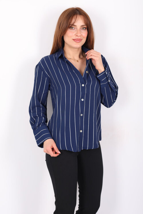 Parlak Çizgili Kadın Lacivert Saten Gömlek - 4