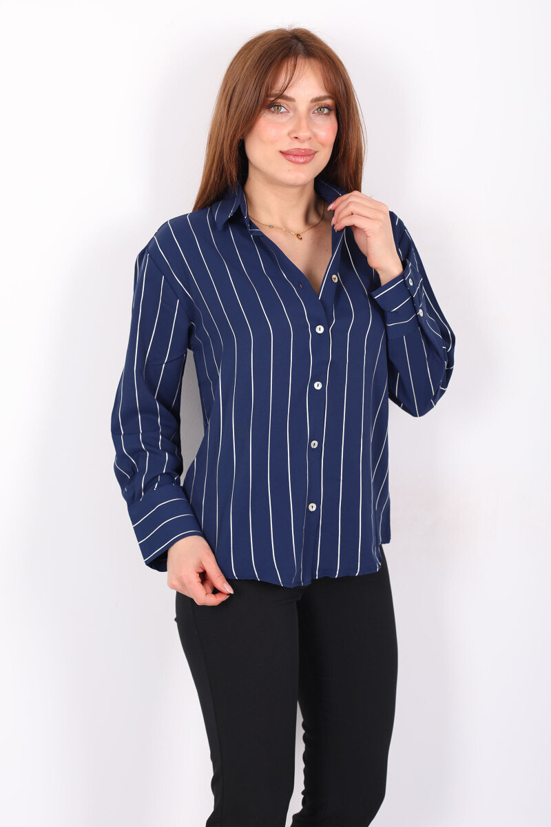 Parlak Çizgili Kadın Lacivert Saten Gömlek - 4