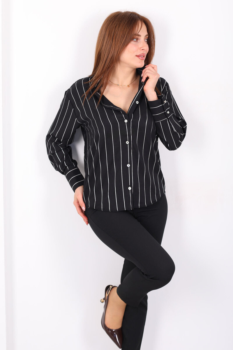 Parlak Çizgili Kadın Siyah Saten Gömlek - 1