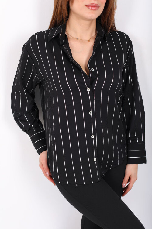 Parlak Çizgili Kadın Siyah Saten Gömlek - Berox (1)