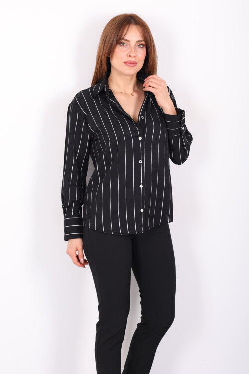 Parlak Çizgili Kadın Siyah Saten Gömlek - 6