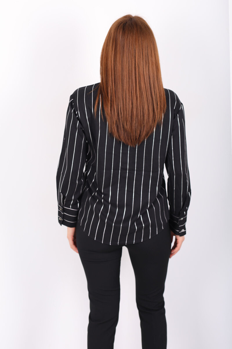 Parlak Çizgili Kadın Siyah Saten Gömlek - 5