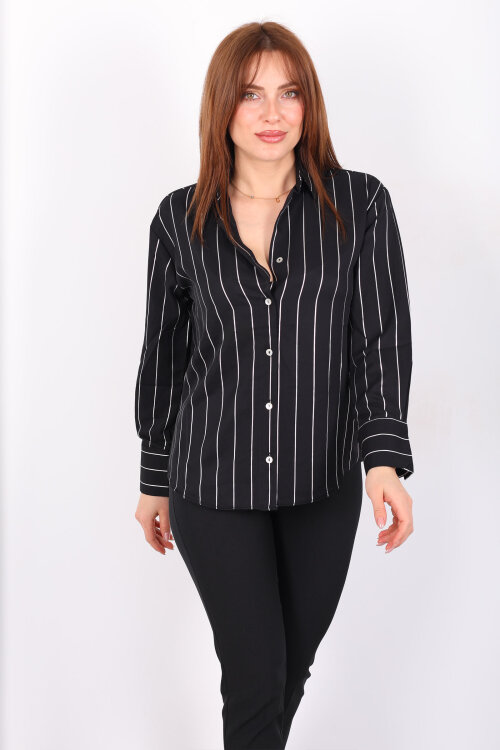 Parlak Çizgili Kadın Siyah Saten Gömlek - 4